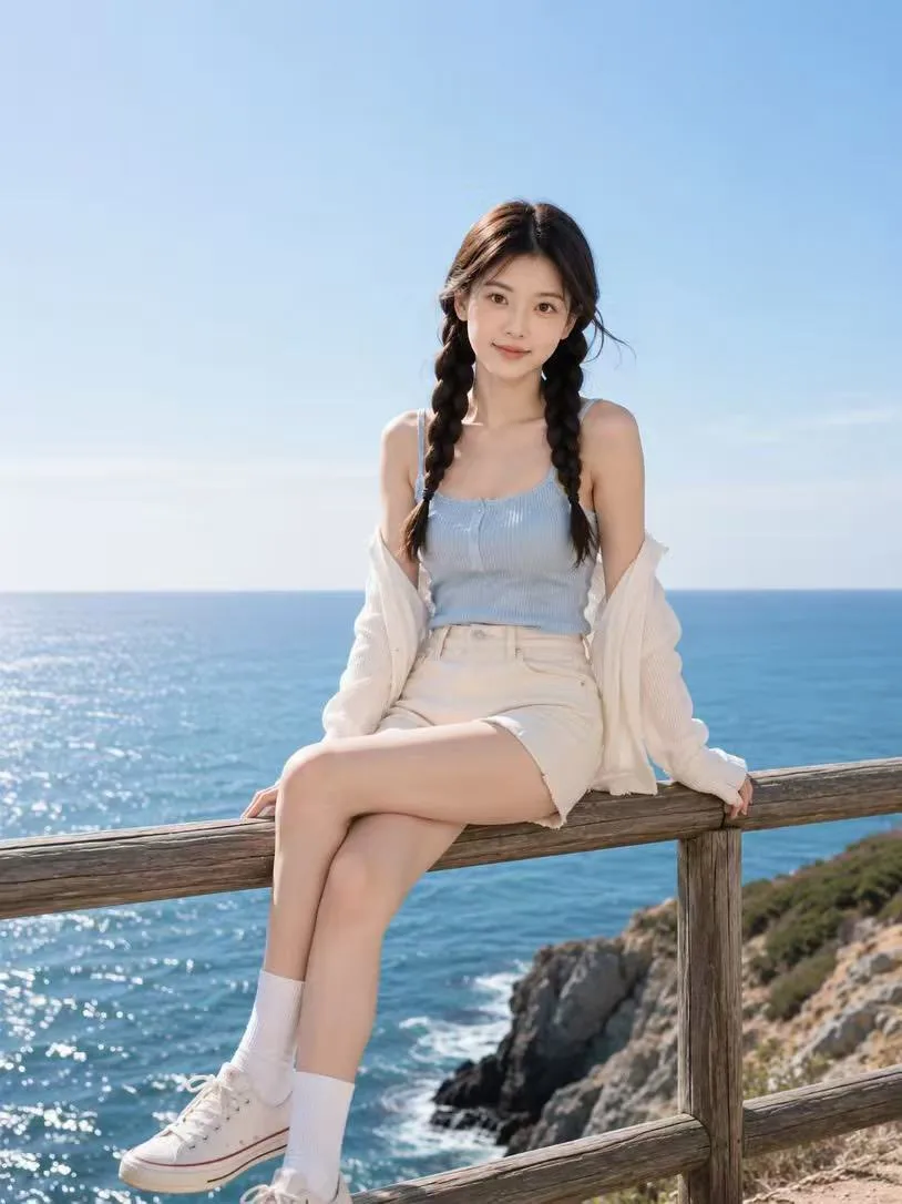 Cinematic seaside vacation portrait full body — Sonra