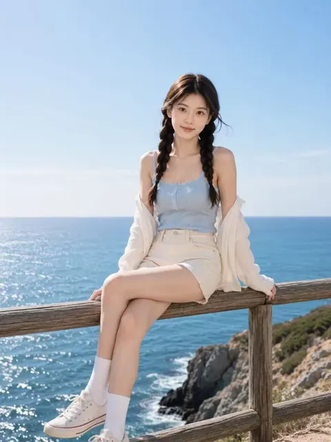 Cinematic seaside vacation portrait full body