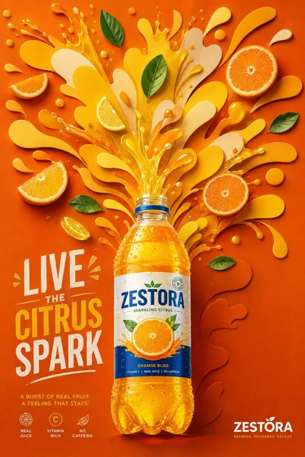 Zestora citrus sparkling drink commercial poster