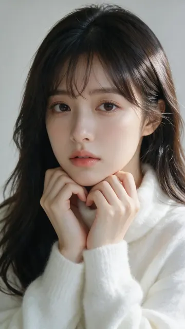 Young east asian woman white knit sweater close up portrait