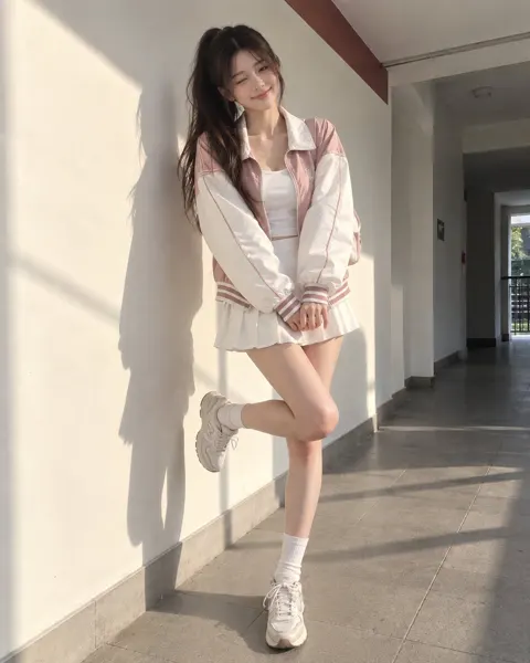 Photorealistic fashion portrait color block windbreaker girl