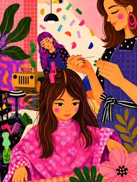 Cozy indie hair salon illustration