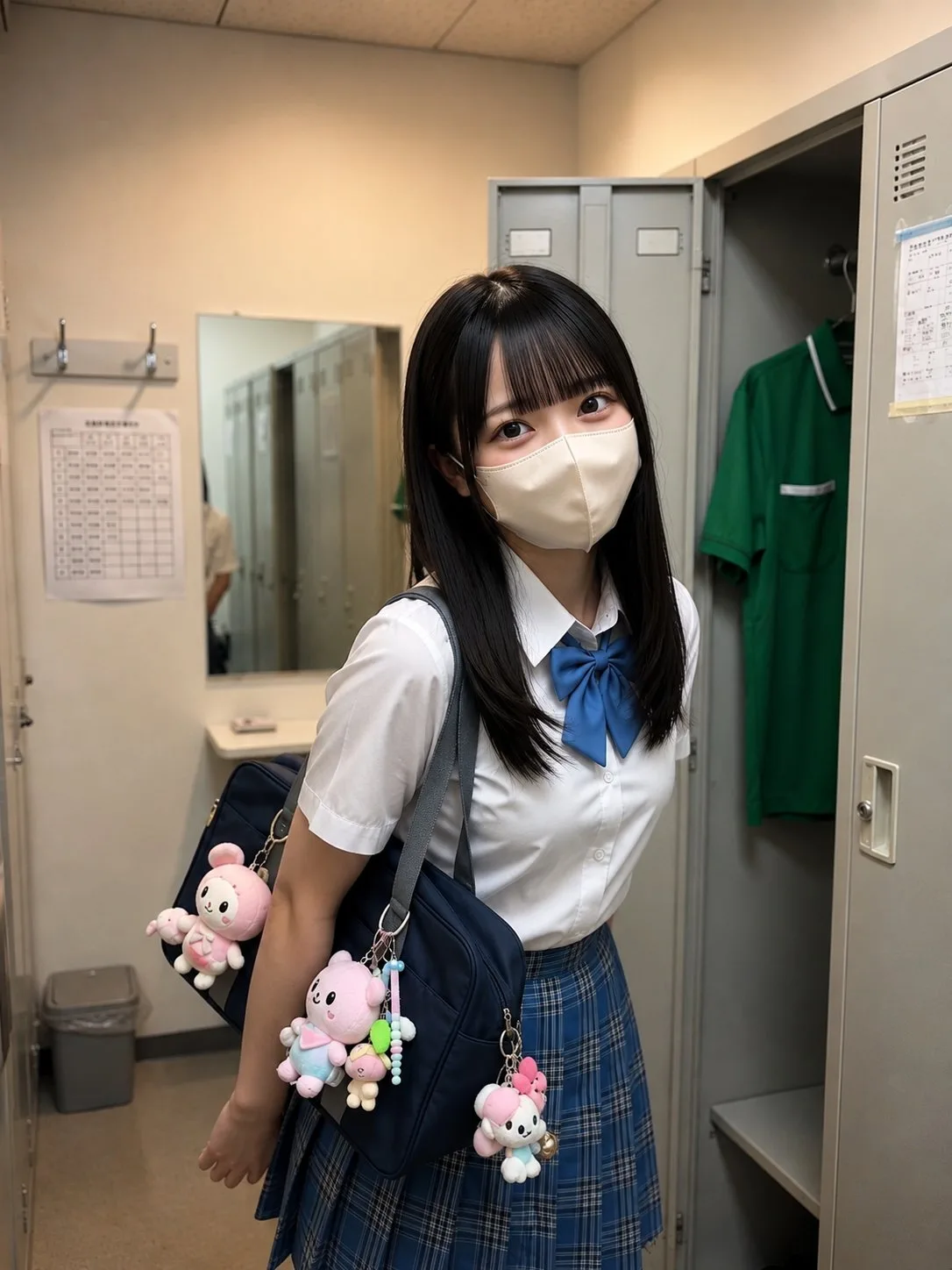 Photorealistic east asian schoolgirl locker room portrait — Sonra