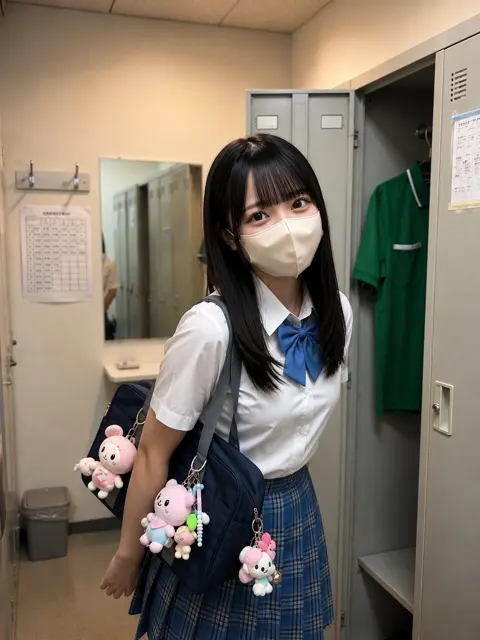 Photorealistic east asian schoolgirl locker room portrait
