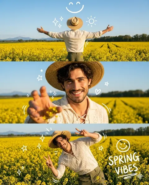 Three panel man mustard field spring collage