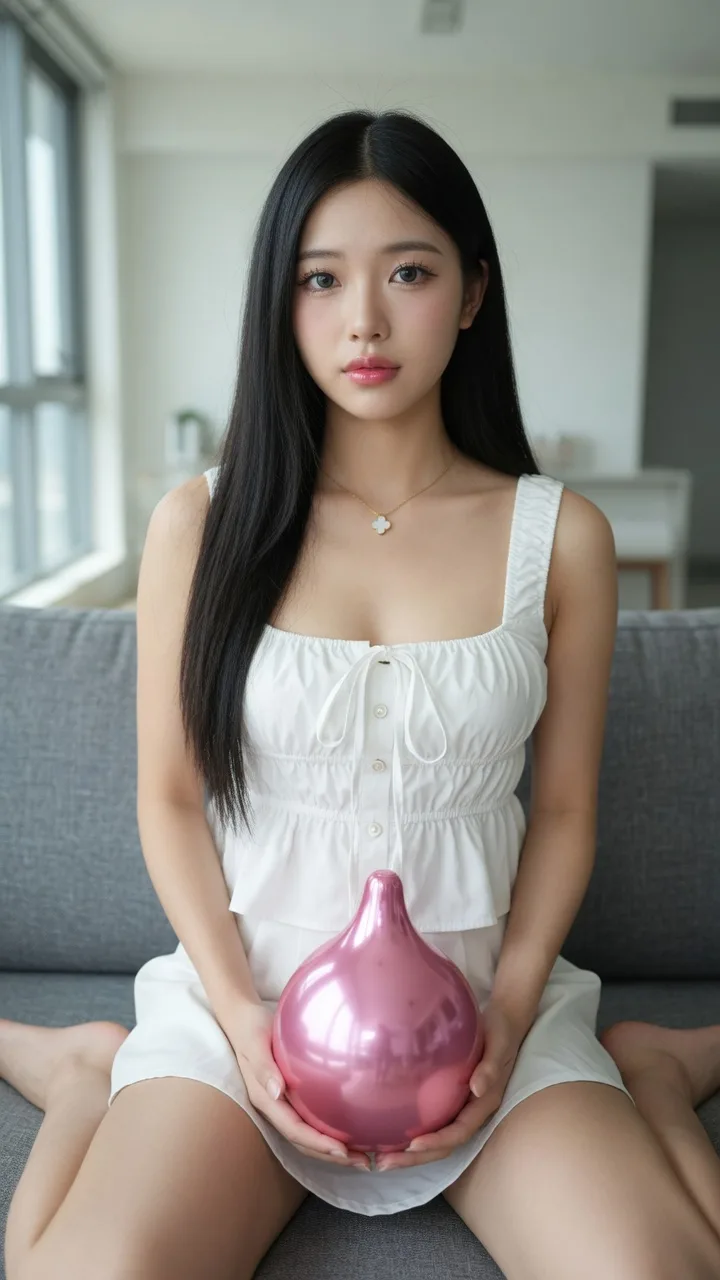 East asian woman white babydoll top gray couch — After