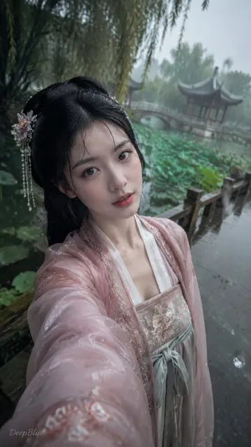 Realistic iphone selfie hanfu woman lotus pond rain