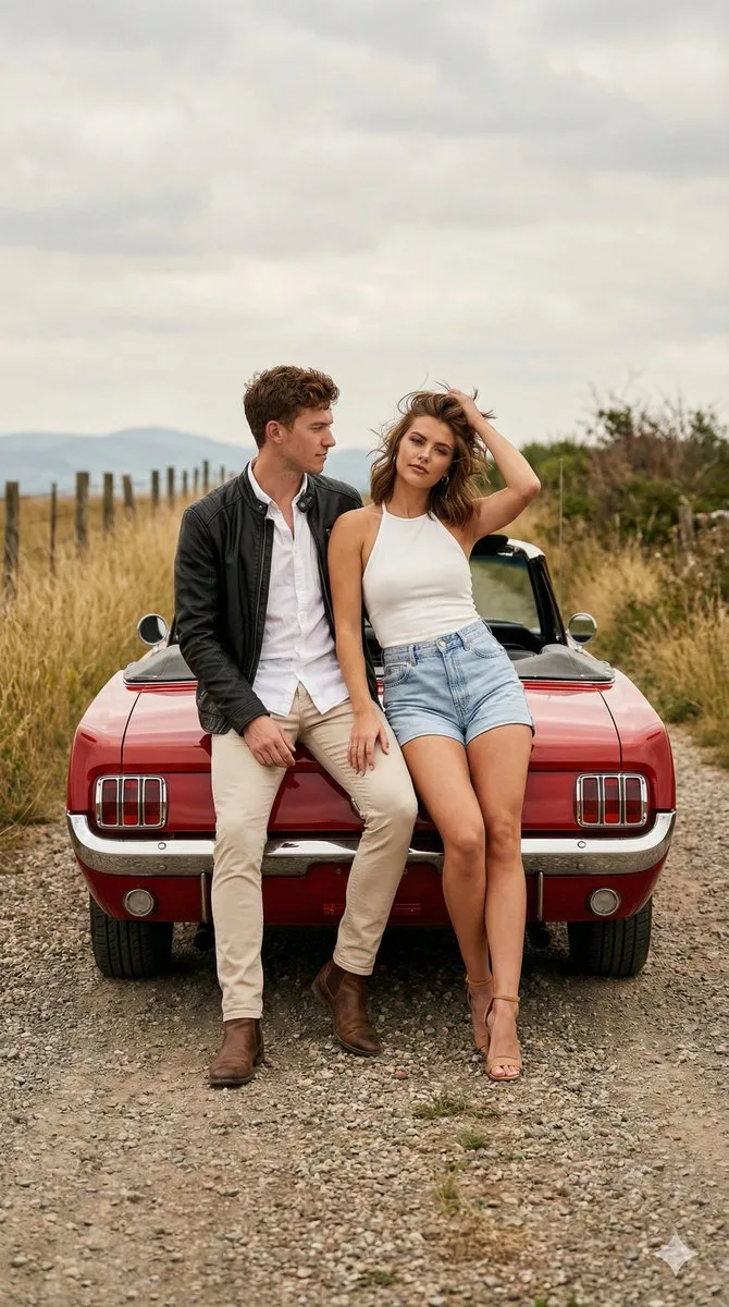 Vintage red car stylish lovers — Sonra