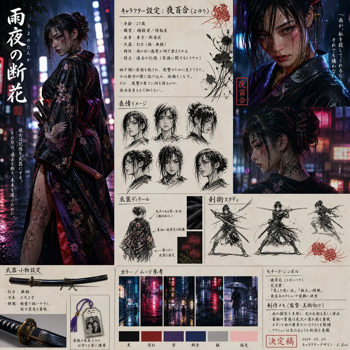 Japanese neo noir female assassin character board — After