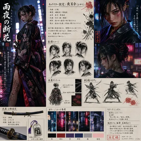 Japanese neo noir female assassin character board