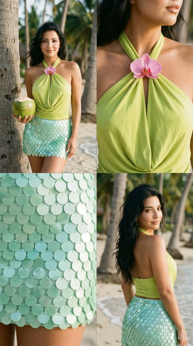 Tropical mint sequin fashion collage — Sonra
