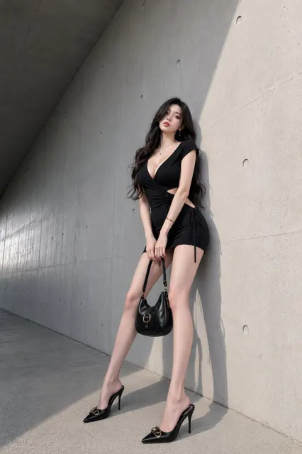 Black mini dress concrete corridor fashion portrait