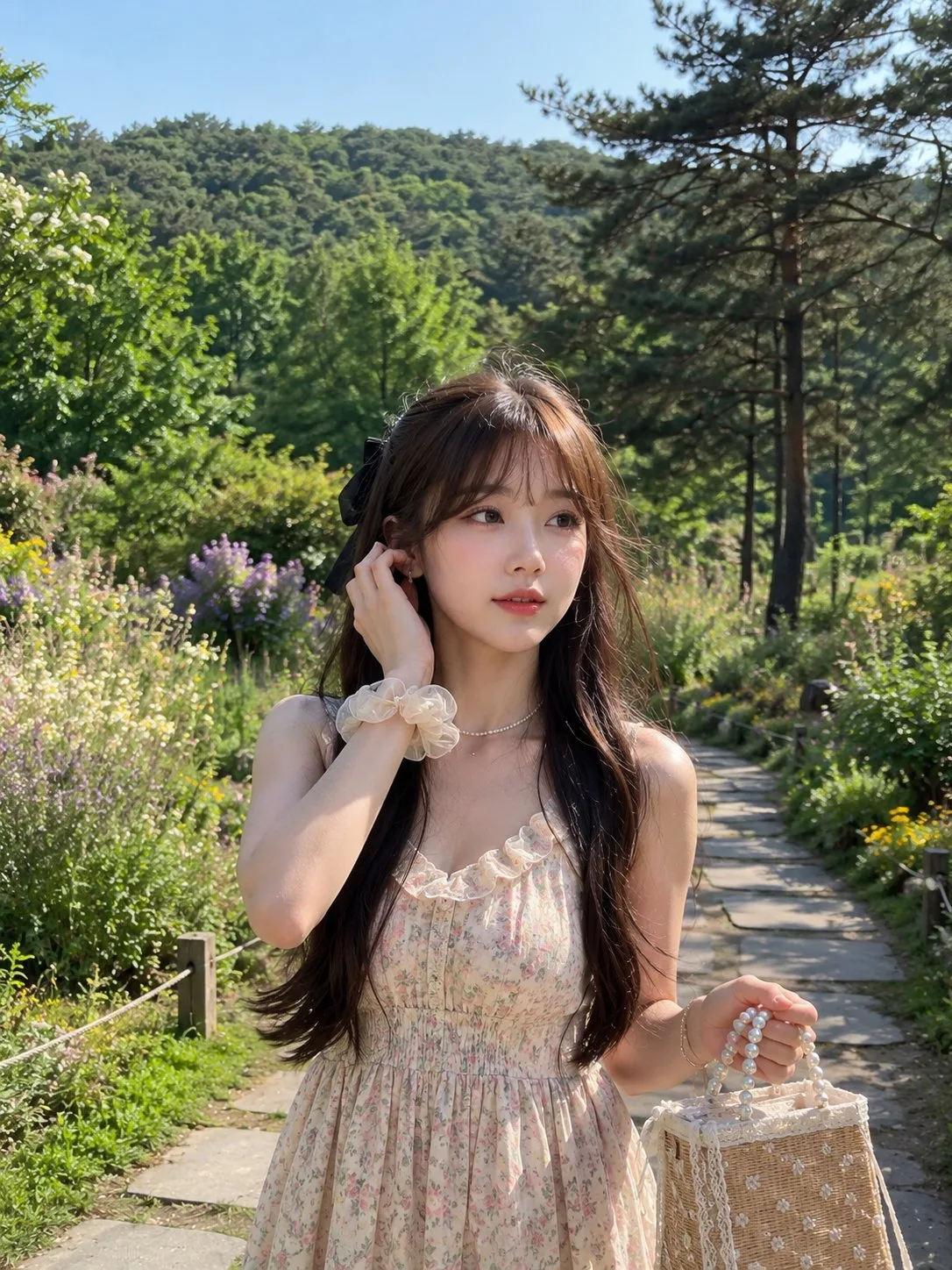 Dreamy east asian woman botanical garden spring portrait — After