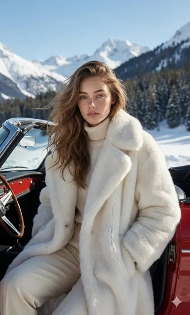 Alpine vintage red car elegant lady