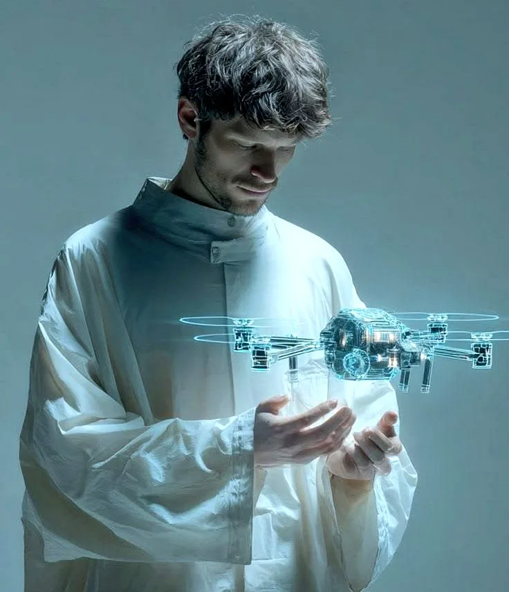 Young man analyzing hologram drone — Sonra