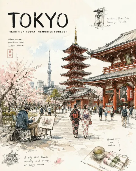 Urban sketch travel journal poster prompt