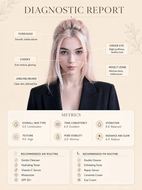 Minimalist skincare diagnostic report poster