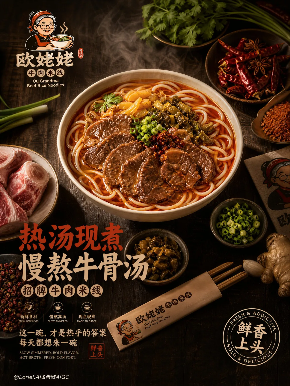 Ou grandma beef rice noodles brand hero visual poster — Sonra