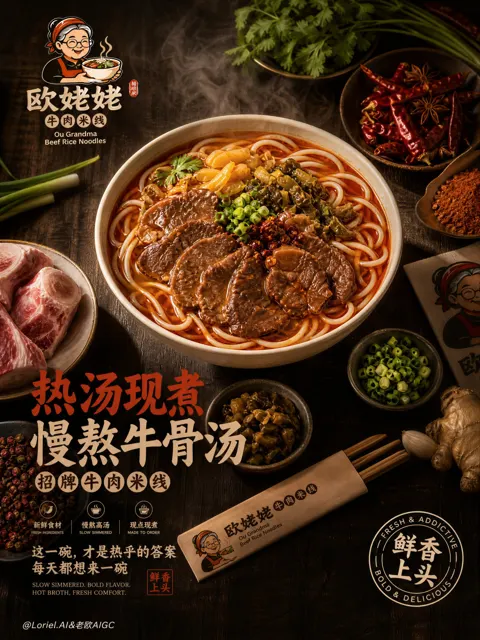 Ou grandma beef rice noodles brand hero visual poster