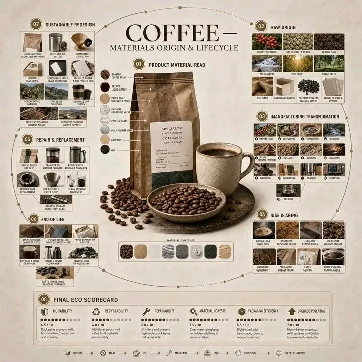Coffee materials origin lifecycle infographic — Sonra