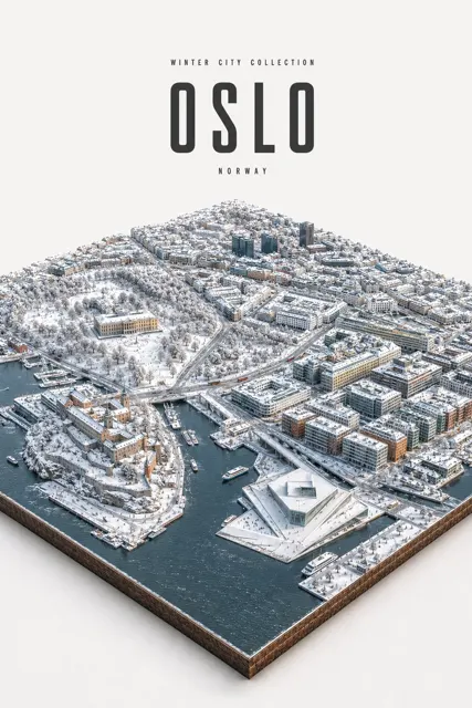 Ultra detailed winter city miniature diorama poster