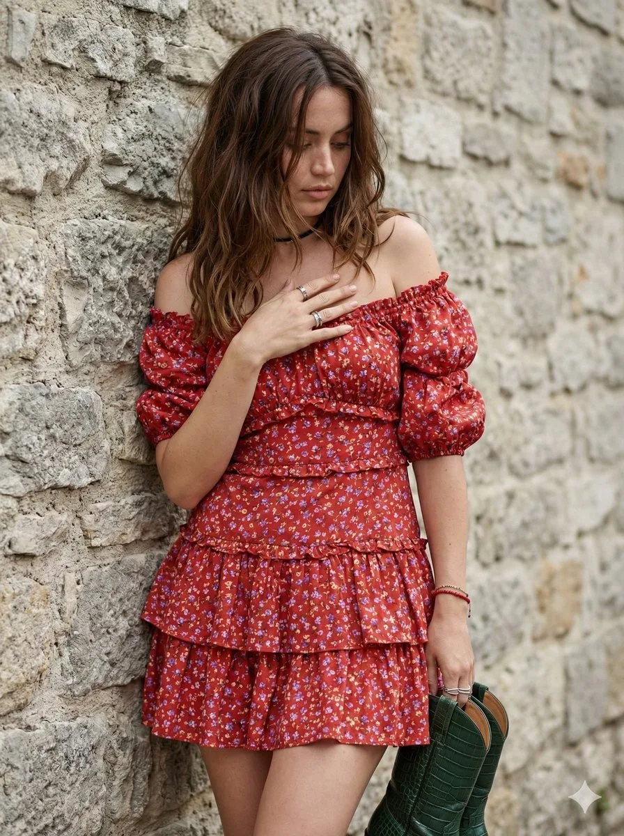 Lazy afternoon floral red dress girl — After
