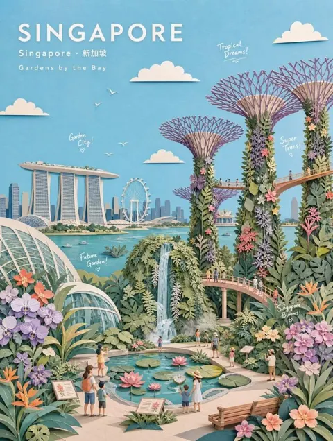 3d paper collage botanical travel poster
