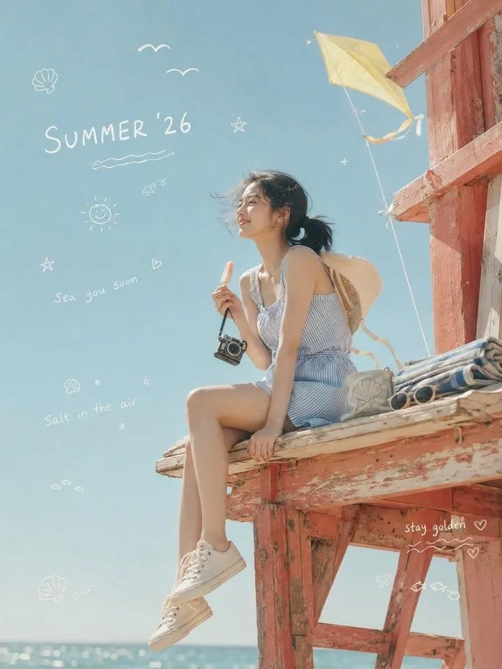 Summer 26 korean woman lifeguard tower vintage aesthetic — After