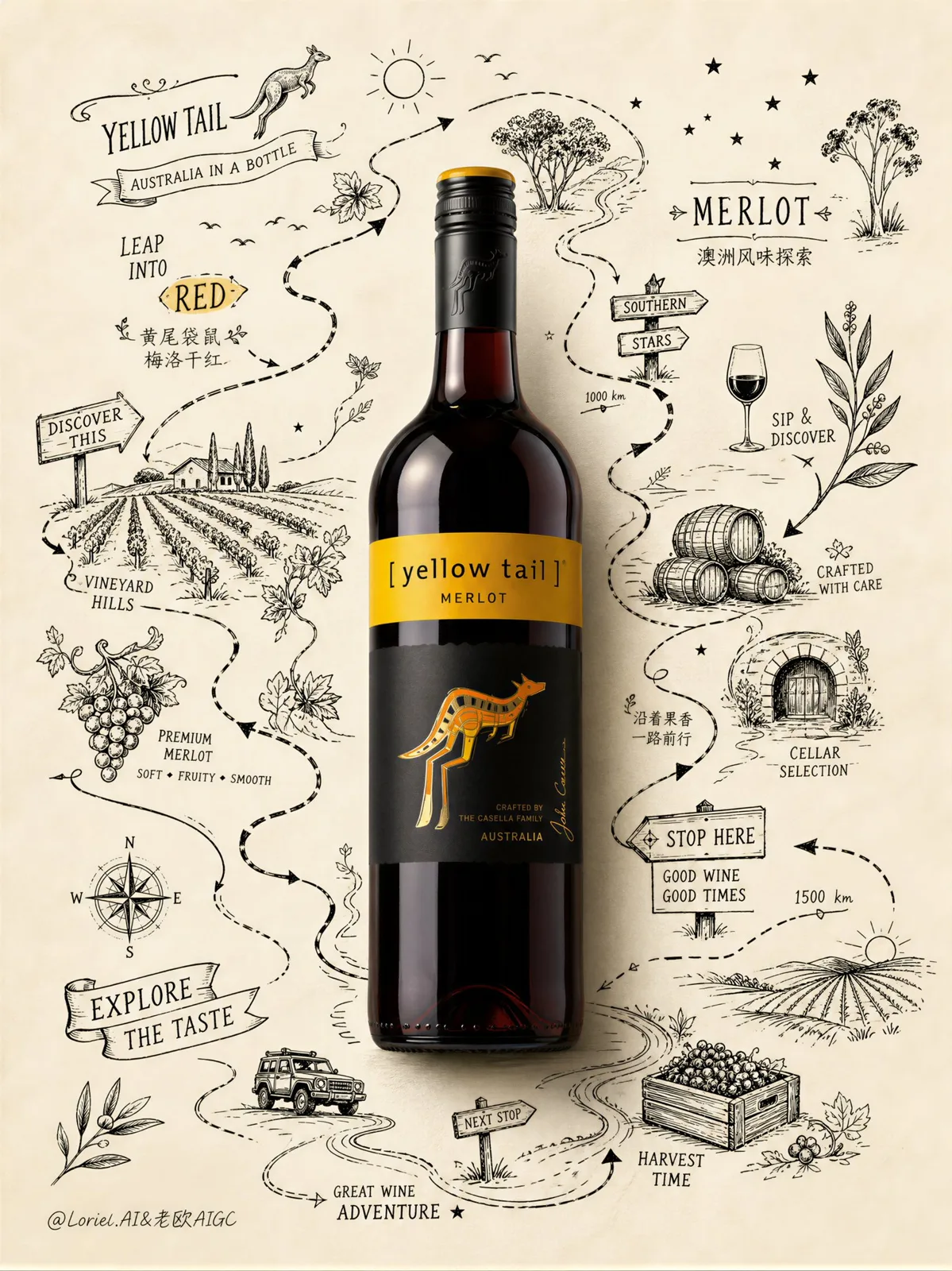 Yellow tail merlot realistic adventure poster design — Sonra