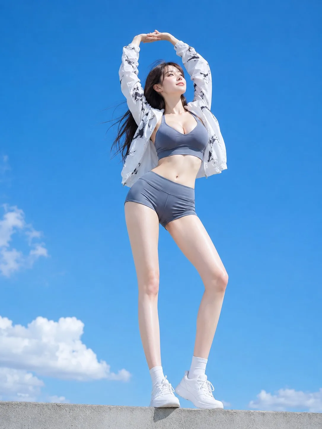 White sleeves stretching towards blue sky woman — Sonra