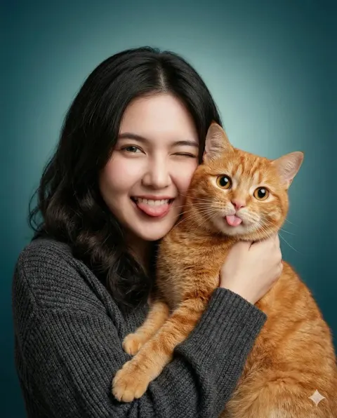 Playful girl and tabby cat