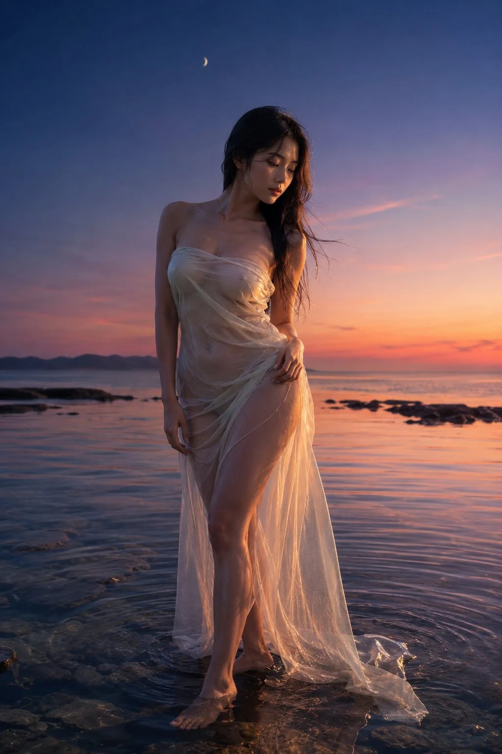 Graceful korean woman tidepool at dusk — Sonra