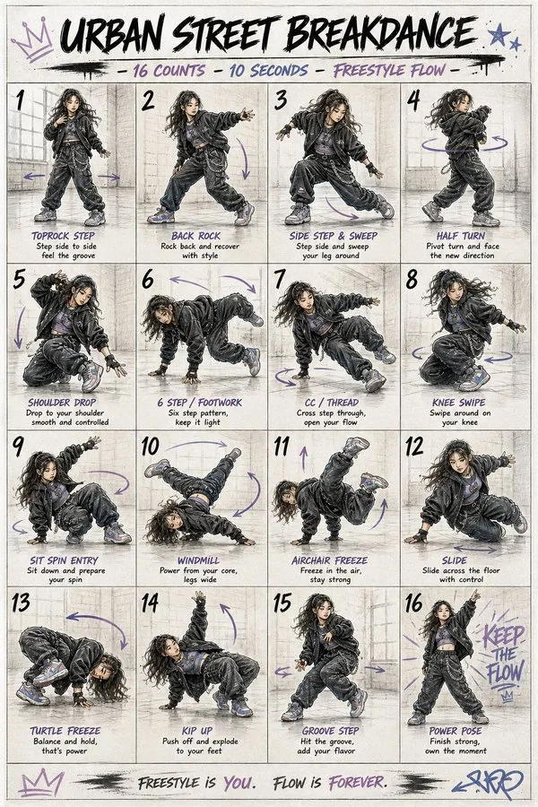 Colored pencil style street dance move tutorial illustration — After