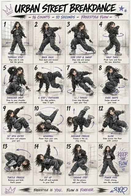 Colored pencil style street dance move tutorial illustration