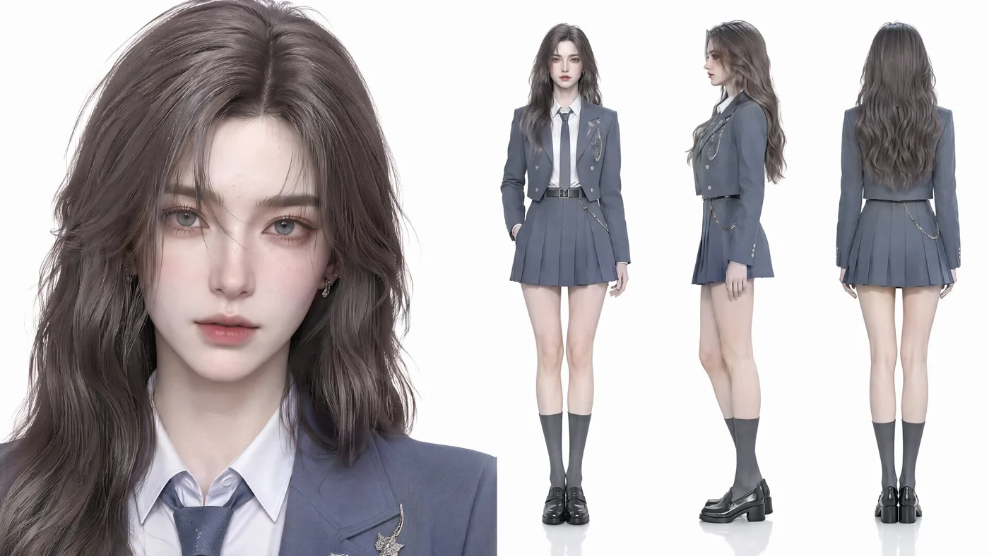 Elegant misty blue college upperclasswoman character design — After