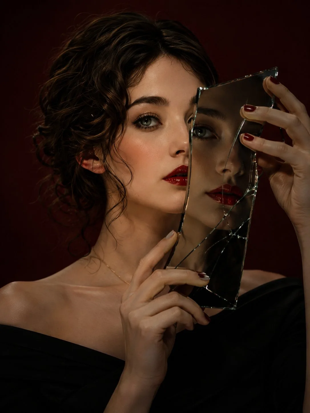 Dark luxury beauty broken mirror portrait — After
