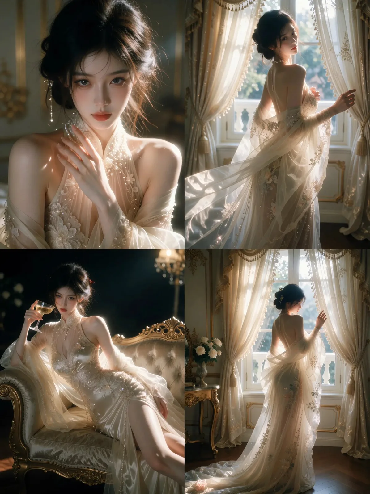 Vintage european palace pearl satin gown east asian woman — After