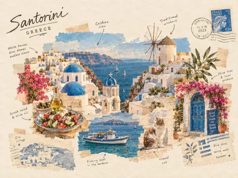 Handmade travel collage art style