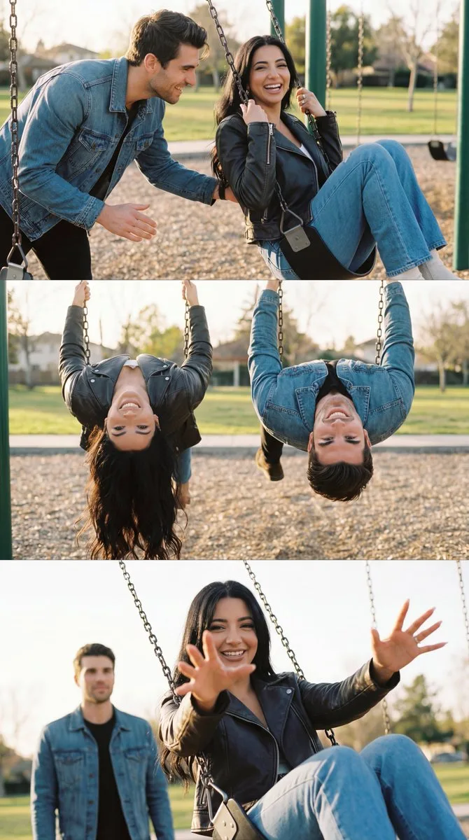 Playful couple swing triptych — After