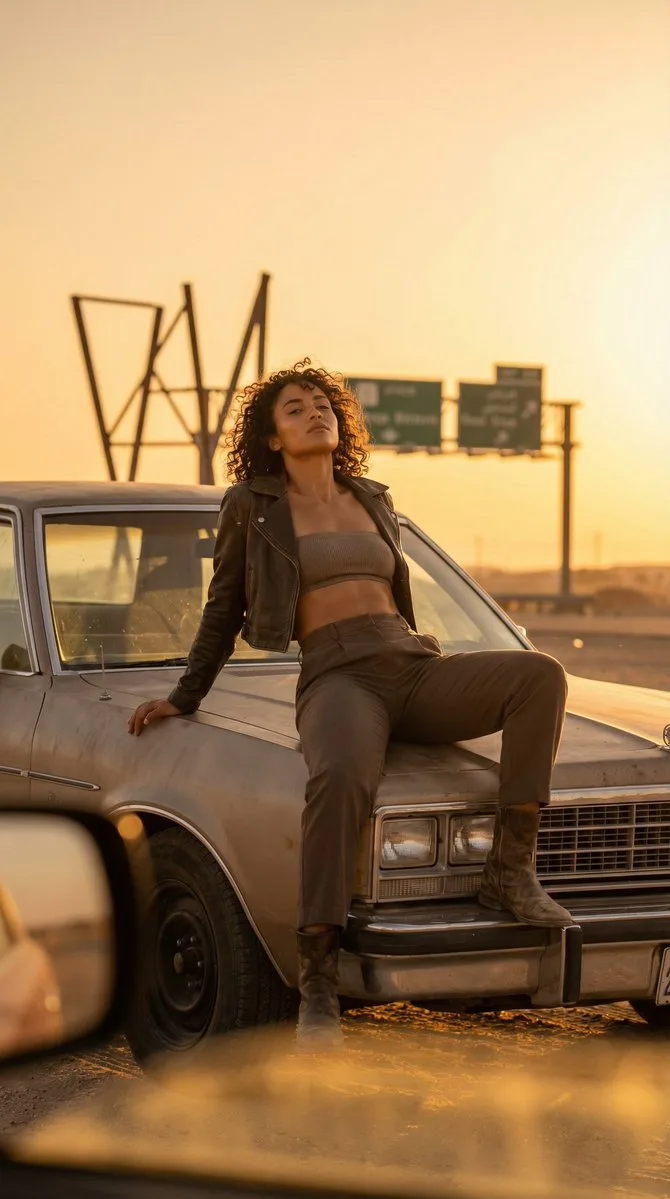 Desert sunset road leather fashion — Sonra
