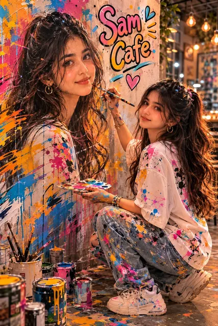 Hyper realistic mural painting girl cafe portrait