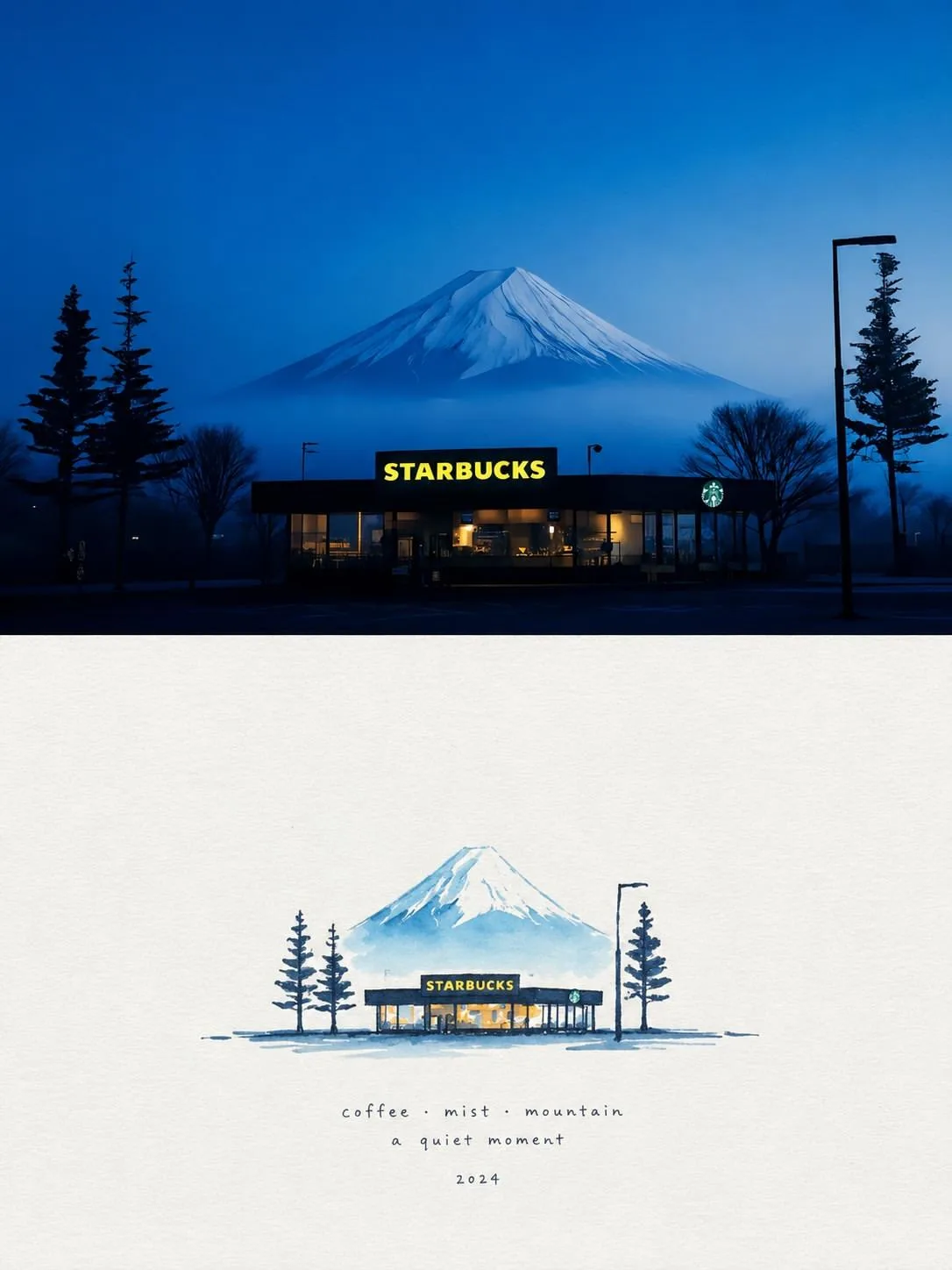 Fuji starbucks minimalist watercolor art print — Sonra