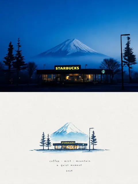 Fuji starbucks minimalist watercolor art print