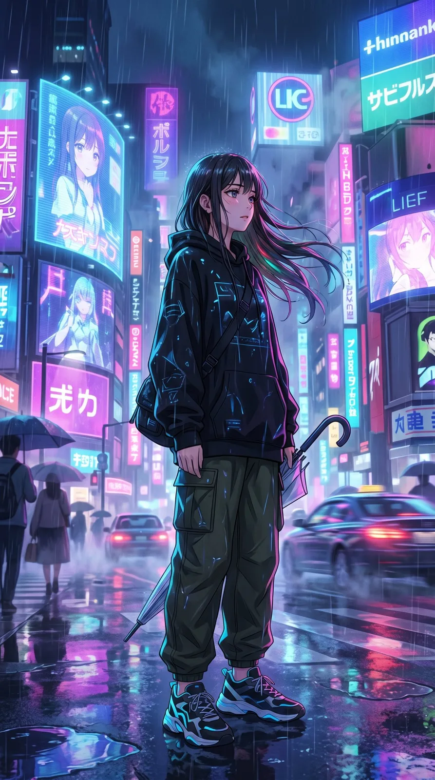 Cinematic anime tokyo neon rain girl — After