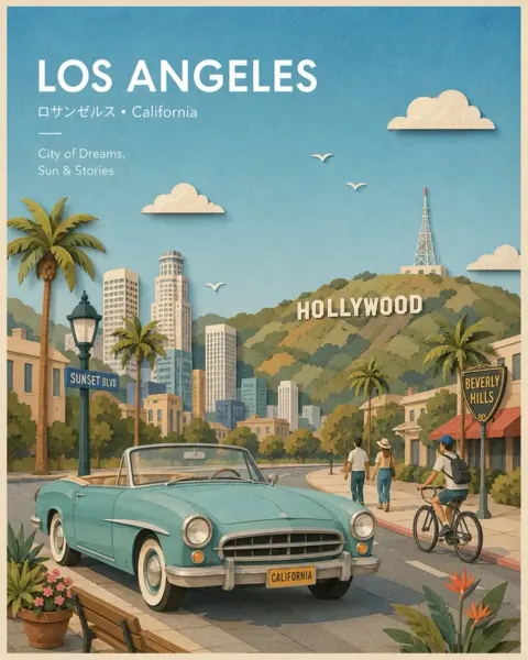 Whimsical storybook paper collage travel poster