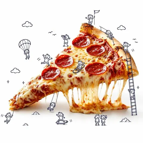 Whimsical giant pepperoni pizza adventure illustration