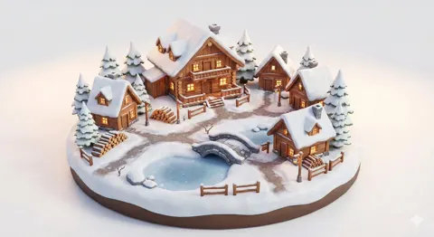 Snowy alpine village warm lights
