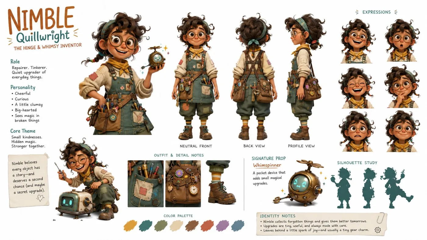 Original character identity board concept art prompt — Sonra