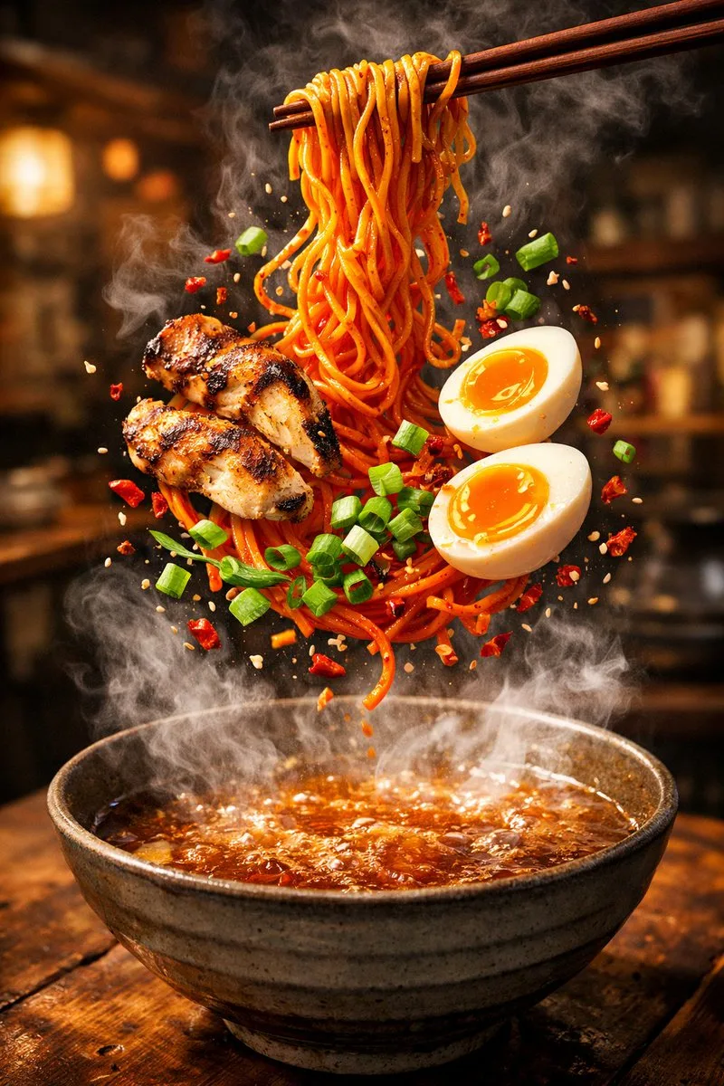 Slow motion suspended spicy ramen — After
