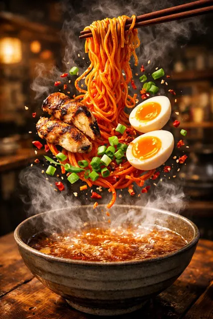 Slow motion suspended spicy ramen